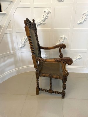 Large Antique Victorian Lounge Chairs in Carved Walnut and Leather