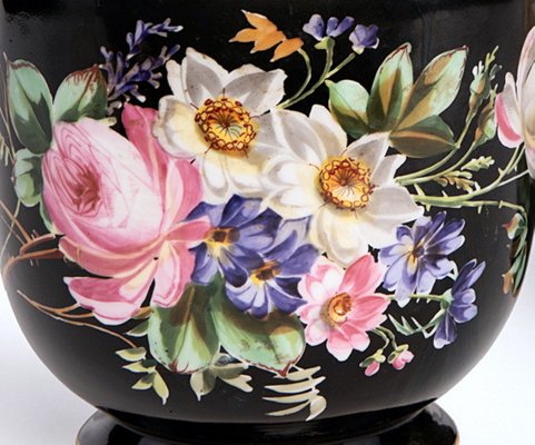 Late 1800s Early 1900s Tole Painted Black Bowl Hand Painted Roses Gold Accents