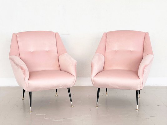 Mid Century Italian Armchairs in Soft Pink Velvet with Brass Tips