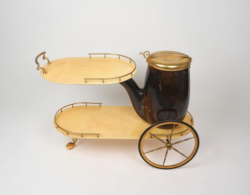 Serving Bar Cart in Goatskin and Brass by Aldo Tura, Italy, 1960s