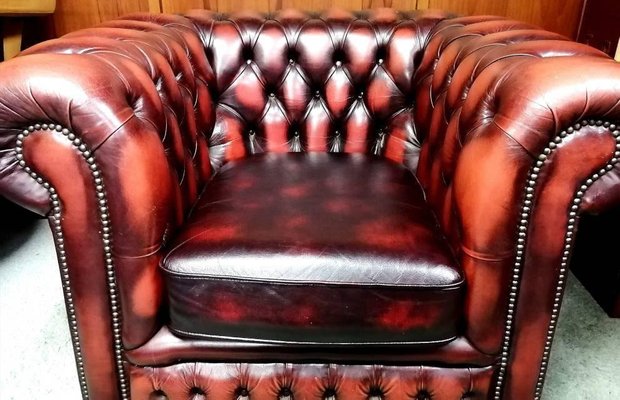 Chesterfield Antique Ox Blood Red Genuine Leather Club Chair Sofa