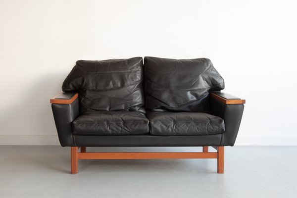 Compact Danish Sofa In Black Leather, Black Leather Mid Century Couch