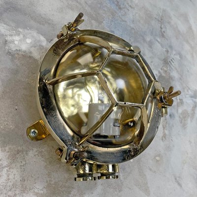 Japanese Brass Circular Bulkhead Wall Light with Hexagonal Cage & Glass  Dome Shade, 1970s for sale at Pamono