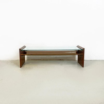 Mid Century Italian Wood and Green Glass Coffee Table with 2 Tiers 1960s