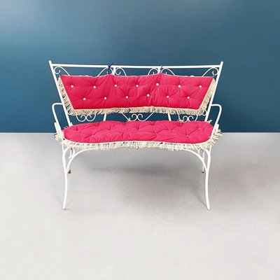 Italian Mid Century Garden Bench in White Wrought Iron and Fabric