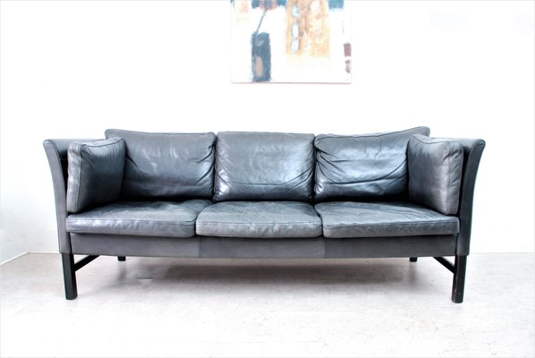Black Leather 3 Seat Sofa 1970s, Black Leather Mid Century Couch