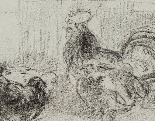 Jacque, Study from the Chicken Yard, 19th-Century, Charcoal for