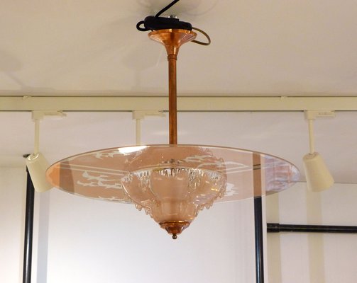 Art Deco Pale Pink And Copper Ceiling Lamp By Ezan 1940s For At Pamono - Pale Pink Glass Ceiling Light