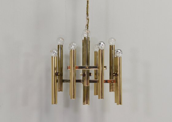 Italian Brass Chandelier 12 Spot Pendant Lamp by Gaetano Sciolari