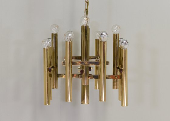 Italian Brass Chandelier 12 Spot Pendant Lamp by Gaetano Sciolari
