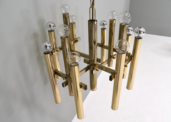 Italian Brass Chandelier 12 Spot Pendant Lamp by Gaetano Sciolari