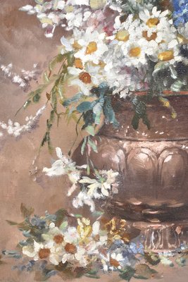 Peinture ancienne de fleurs, dahlias et chrysanthèmes, huile sur toile, 19e siècle - En vente sur France