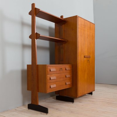 Italian Teak Freestanding Wall Unit, Large Wardrobe With Drawers And Shelves
