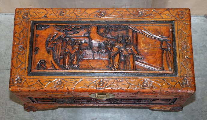 Antique Chinese Hand Carved Camphor Wood Travelling Trunk 1900s