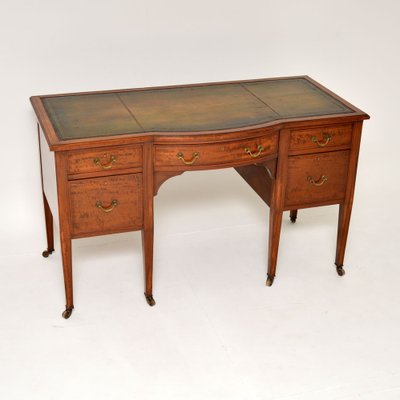 Antique Edwardian Inlaid Satin Wood, Antique Wood Desk With Leather Top