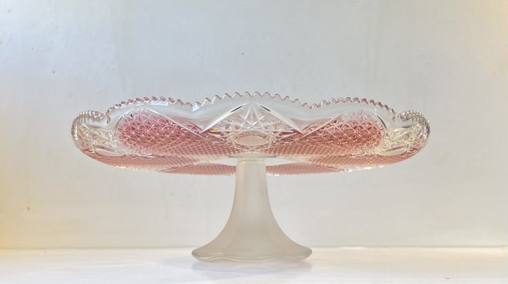 Vintage Pedestal Cake Stand in Pink Clear Crystal 1970s