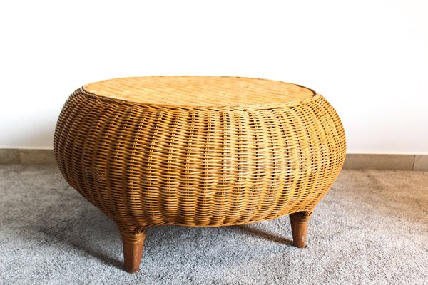 Round Wicker Coffee Table Italy 1970s, Round Wicker Ottoman Table