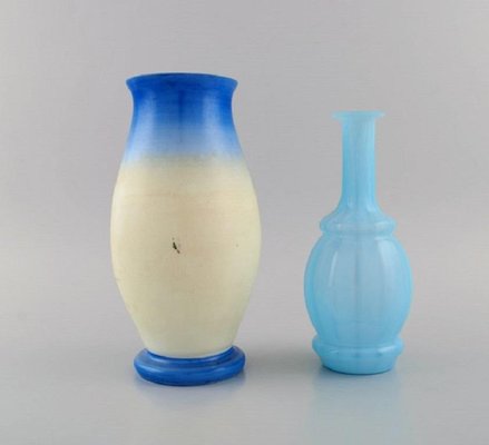 Paire De Vases En Verre Soufflé Turquoise - Décor Floral Peint à La Main - Occasion