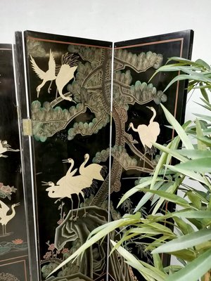 Asian Lacquered Room Divider Depicting Crane Birds for sale