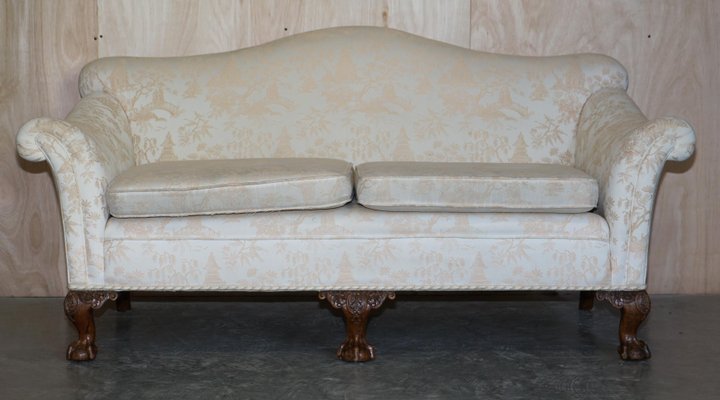 Antique Victorian Chinoiserie Upholstery Sofa Armchair Suite with Claw Ball Feet Set of 3