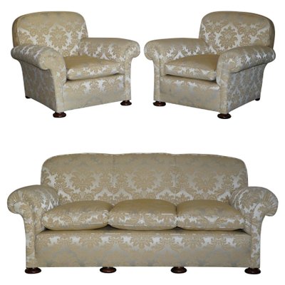 Victorian Damask Upholstery Sofa Armchair Club Suite with Turned