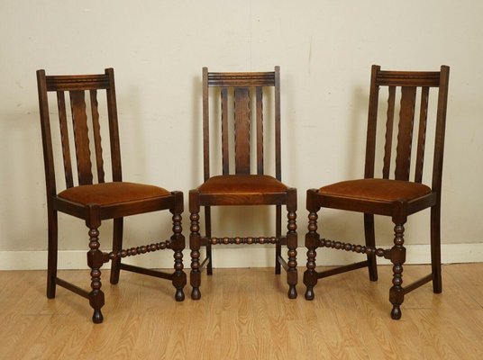 Antique Carved Oak Dining Chairs with Bobbin Turned Legs 1920s Set of 6
