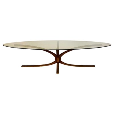Ovaler Mid-Century Modern Couchtisch aus Glas & Bronze von Michel Mangematin bei Pamono kaufen