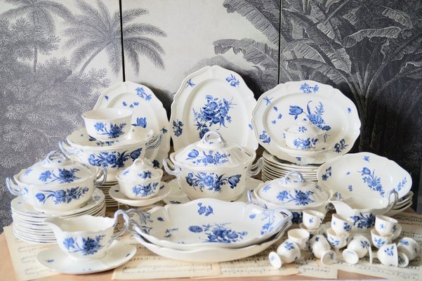 Antique Wedgwood Creamware Ludlow Blue Flowers Dinnerware, 1920s, Set of 66