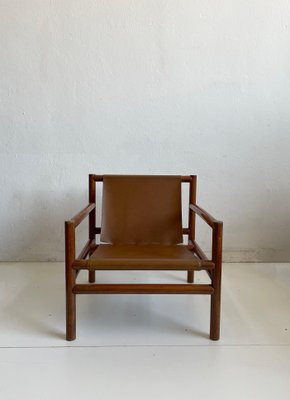 Mid Century Modern Wooden Armchair With Faux Leather Seating from