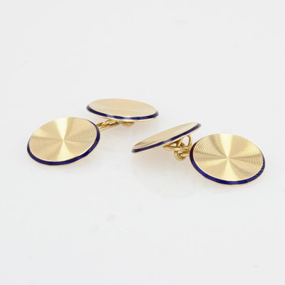 Boutons De Manchettes Anciens En émail Motif Art Déco Bleu - Occasion Très Bon état