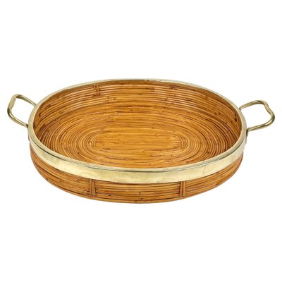 Round Bamboo, Rattan & Brass Serving Tray, Italy, 1970s for sale at Pamono