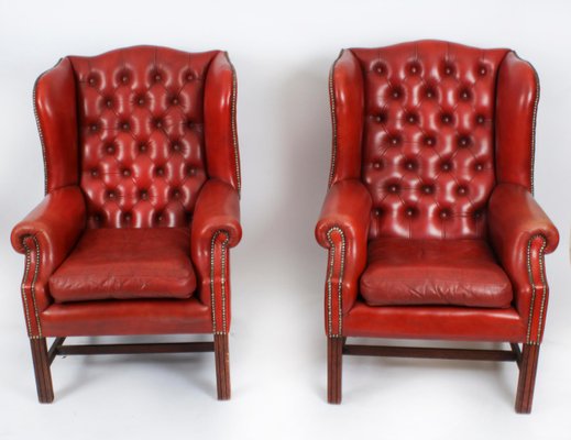 20th Century Red Leather Button Backed Wingback Armchairs Set of