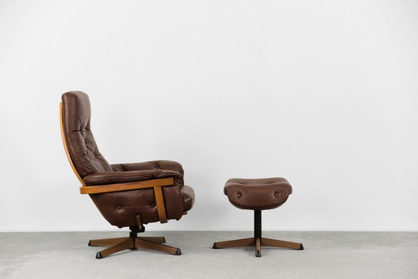 Vintage Mid Century Scandinavian Modern, Leather Chair With Ottoman Mid Century