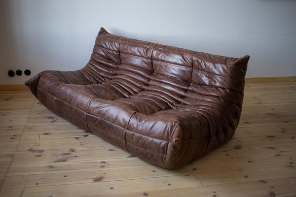 Dark Brown Leather Togo Lounge Chair Pouf and 3 Seat Sofa by