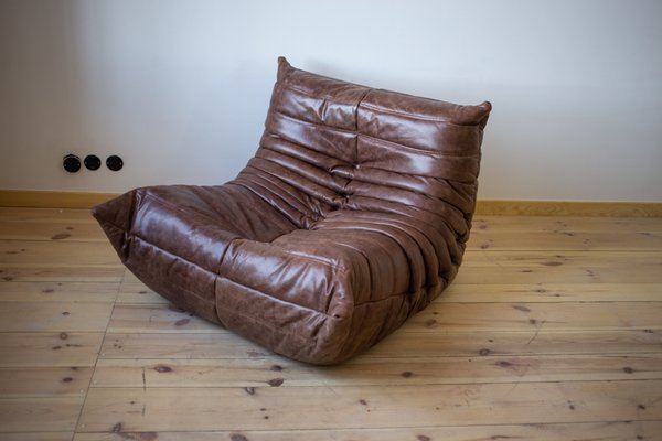 Dark Brown Leather Togo Lounge Chair and Pouf by Michel Ducaroy