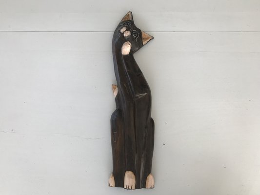 Paire De Chats Assis Sculptés à La Main – Figurines En Bois Art Déco, Fabrication Thaïlandaise