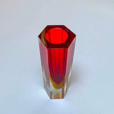 Vintage Geometric Flavio Poli Style Vase in Red Sommerso Murano Glass