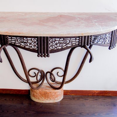 Art Deco Console Table In Wrought Iron, Wrought Iron Wood Console Table