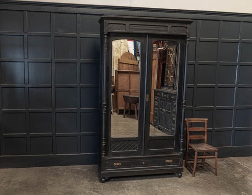 Large Antique French Ebonised Mirrored Armoire for sale at Pamono