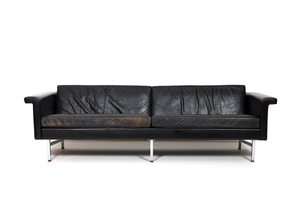 stavelse Mince deltager Large Danish Sofa in Leather with Chrome Legs and Teak Ends for sale at  Pamono