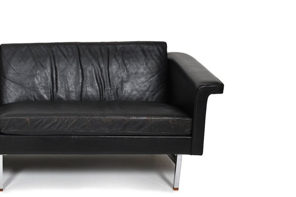Large Danish Sofa in Leather with Chrome Legs and Teak Ends for