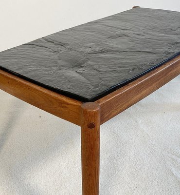 Mid Century Coffee Table With Schist, Solid Wood Top Coffee Table
