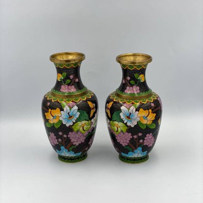 中国七宝焼き花瓶 - Chinese Cloisonné Floral Vase Vintage Chinese Copper Cloisonne Raised Enamel Floral Green