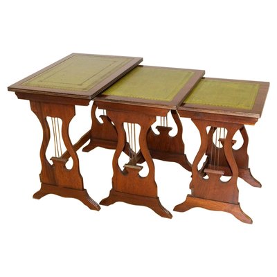 Mahogany Nesting Tables with Green Leather Tops Harp Shaped