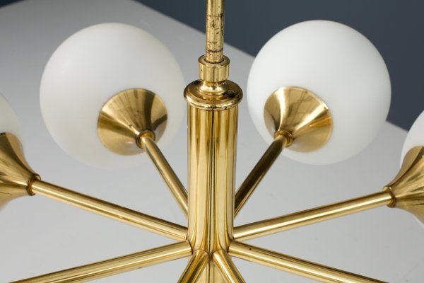 Eastern European Sputnik Chandelier in Brass with Eight Opaline Bulbs 1960s