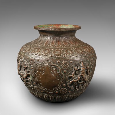 Antique Indian Bronze Diwali Vase with Ganesh and Lakshmi