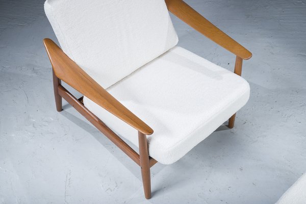 Mid Century Danish Lounge Chair And Ottoman in Teak and Wool Boucle by Arne Vodder for France S n 1960s Set of 2