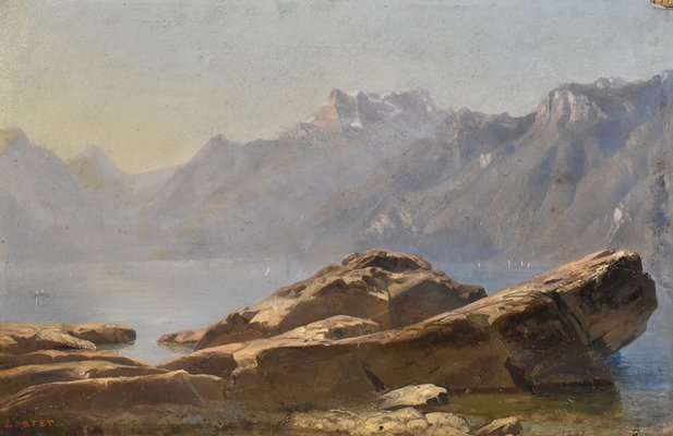 Mountain Landscape Painting, 19th-Century, Oil on Paper, Framed