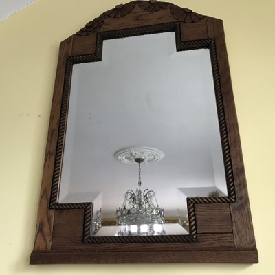 Miroir Biseauté Encadré Bois Champagne/fissure Dorée - 46x46 Cm, Fixation Murale
