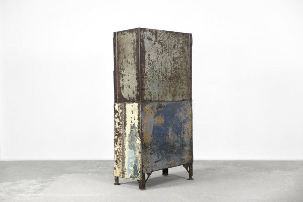 Vintage Raw Industrial Metal Factory Cabinet with Shelves, 1950s